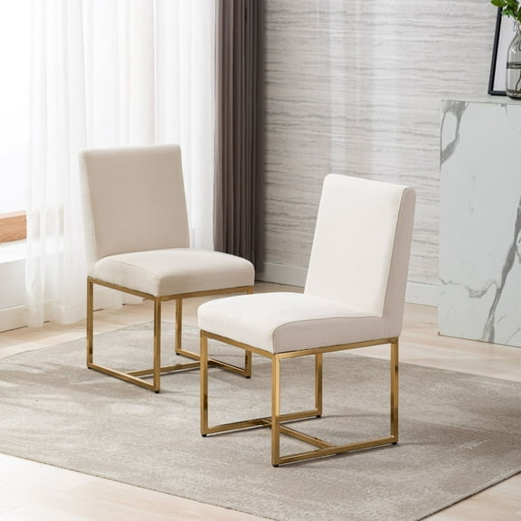 Dayalane Mid Century Modern Dining Chairs Set of 2, Beige Linen Upholstered Kitchen & Dining Room Chairs with Gold Metal Frame, Armless Side Chairs for Living Room