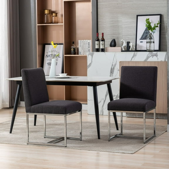 Dayalane Mid Century Modern Dining Chairs Set of 2, Charcoal Linen Upholstered Kitchen & Dining Room Chairs with Chrome Metal Frame, Armless Side Chairs for Living Room
