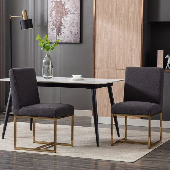 Dayalane Mid Century Modern Dining Chairs Set of 2, Charcoal Linen Upholstered Kitchen & Dining Room Chairs with Gold Metal Frame, Armless Side Chairs for Living Room