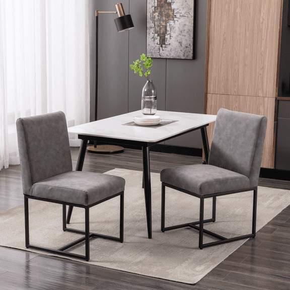 Dayalane Mid Century Modern Dining Chairs Set of 2, Faux Leather Upholstered Kitchen & Dining Room Chairs with Black Metal Frame, Armless Side Chairs for Living Room, Grey