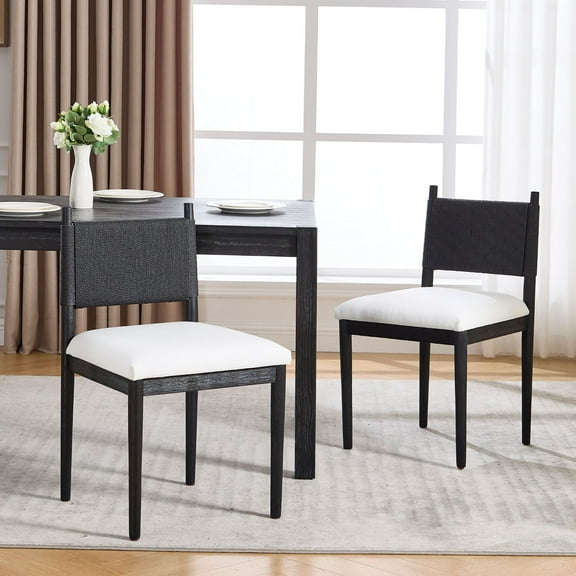 Dayalane Mid Century Modern Dining Chairs Set of 2,Linen Upholstered Kitchen Chairs with Woven Back,Farmhouse Wooden Armless Chairs for Dining Room, Kitchen, Restaurant, Hotel,Black