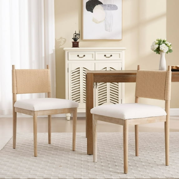 Dayalane Mid Century Modern Dining Chairs Set of 2,Linen Upholstered Kitchen Chairs with Woven Back,Farmhouse Wooden Armless Chairs for Dining Room, Kitchen, Restaurant, Hotel,Natural