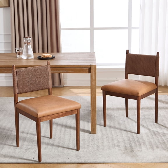 Dayalane Mid Century Modern Dining Chairs Set of 2, PU Upholstered Kitchen Chairs with Woven Back,Farmhouse Wooden Armless Chairs for Dining Room, Kitchen, Restaurant, Hotel,Brown