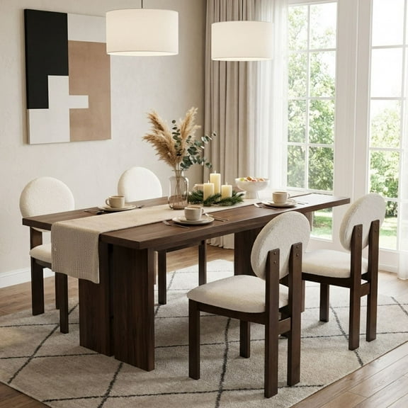 Dayalane Mid-Century Modern Dining Chairs Set of 4, Armless Round High Back Boucle Fabric Upholstered Kitchen Chairs, Solid Wood Frame Accent Chairs for Dining Kitchen Living Room, White