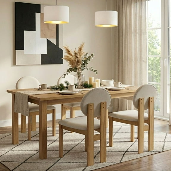 Dayalane Mid-Century Modern Dining Chairs Set of 4, Armless Round High Back Linen Fabric Upholstered Kitchen Chairs, Solid Wood Frame Accent Chairs for Dining Kitchen Living Room, Beige