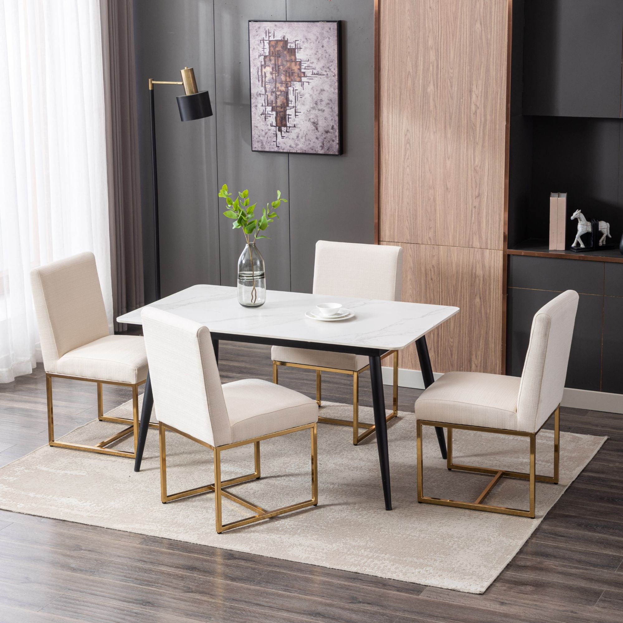 Dayalane Mid Century Modern Dining Chairs Set of 4, Beige Linen Upholstered Kitchen & Dining Room Chairs with Gold Metal Frame, Armless Side Chairs for Living Room