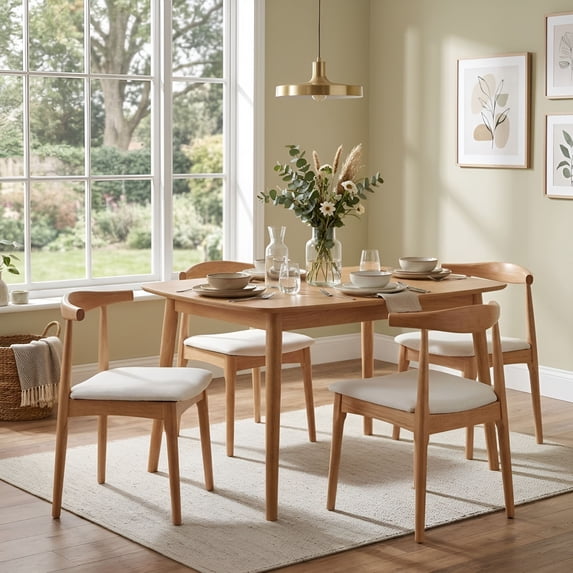 Dayalane Mid Century Modern Dining Chairs Set of 4,Linen Upholstered Farmhouse Chairs with Open Back,Side Dining Chairs with Natural Wood Legs for Dining Room, Kitchen, Restaurant,Beige