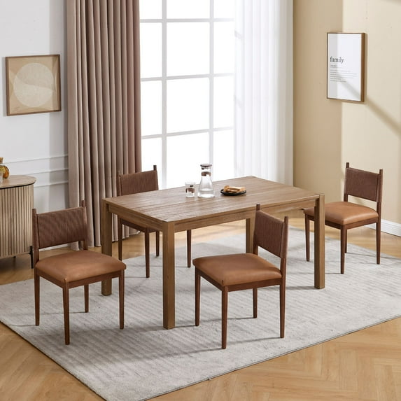 Dayalane Mid Century Modern Dining Chairs Set of 4, PU Upholstered Kitchen Chairs with Woven Back,Farmhouse Wooden Armless Chairs for Dining Room, Kitchen, Restaurant, Hotel,Brown