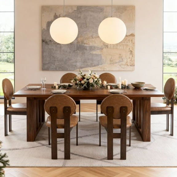 Dayalane Mid-Century Modern Dining Chairs Set of 6, Armless Round High Back PU Leather Upholstered Kitchen Chairs, Solid Wood Frame Accent Chairs for Dining Kitchen Living Room, Brown