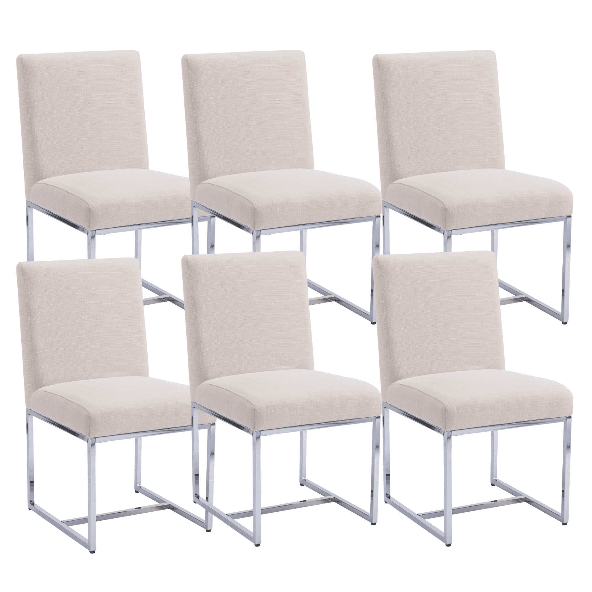 Dayalane Mid Century Modern Dining Chairs Set of 6, Beige Linen Upholstered Kitchen & Dining Room Chairs with Chrome Metal Frame, Armless Side Chairs for Living Room