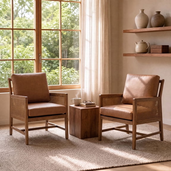 Dayalane Mid-Century Modern Rattan Accent Chair Set of 2, Farmhouse PU Upholstered Armchair with Cane Sides & Washable Cover, Boho Solid Wood Rattan Reading Chair for Living Room Bedroom, Brown