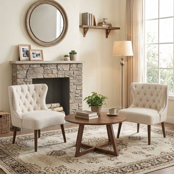 Dayalane Modern Accent Chair Set of 2, Armless Tufted Slipper Chair Linen Upholstered Lounge Chair, Nailhead Trim Wingback Single Sofa Side Chair with Wooden Legs for Living Room Bedroom, Beige