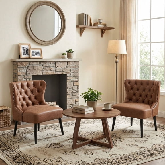 Dayalane Modern Accent Chair Set of 2, Armless Tufted Slipper Chair PU Leather Upholstered Lounge Chair, Nailhead Trim Wingback Single Sofa Side Chair with Wooden Legs for Living Room Bedroom, Brown