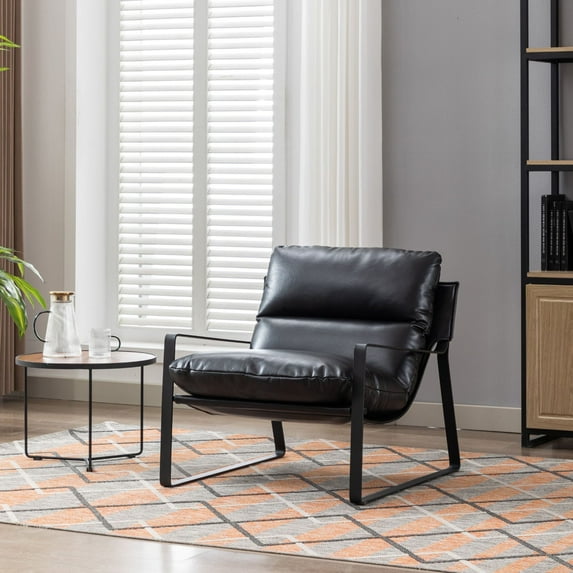 Dayalane Modern Accent Chair, Upholstered Armchair with Metal Frame, Comfy Pu Faux Leather Lounge Chair for Living Room,Single Sofa for Bedroom, Office, Black