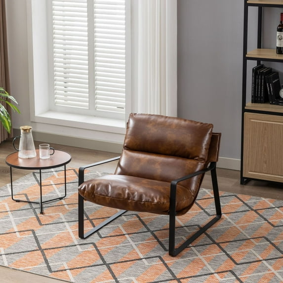 Dayalane Modern Accent Chair, Upholstered Armchair with Metal Frame, Comfy Pu Faux Leather Lounge Chair for Living Room,Single Sofa for Bedroom, Office, Brown
