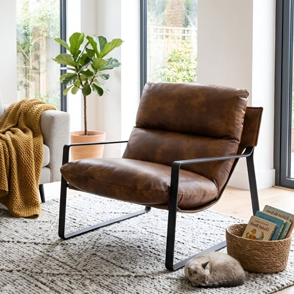 Dayalane Modern Accent Chair, Upholstered Armchair with Metal Frame, Comfy Pu Faux Leather Lounge Chair for Living Room,Single Sofa for Bedroom, Office, Brown