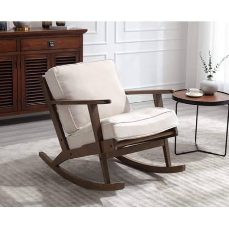 Dayalane Modern Accent Rocking Chair, Mid Century Upholstered Nursery Glider Rocker, Wooden Linen Armchair Recliner Nursing Chair for Living Room Bedroom Lounge, Beige