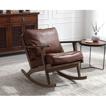 Dayalane Modern Accent Rocking Chair, Mid Century Upholstered Nursery Glider Rocker, Wooden PU Armchair Recliner Nursing Chair for Living Room Bedroom Lounge, Brown