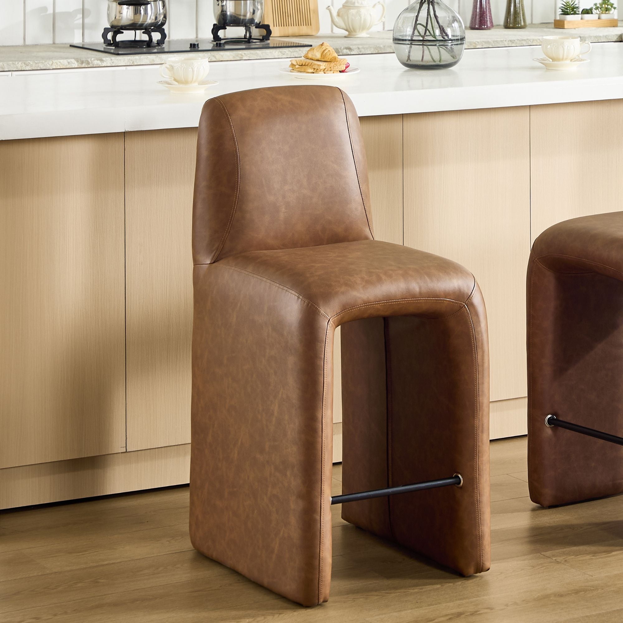 Dayalane Modern Bar Stool, 26" Upholstered Leather Counter Height Stools with Back Support, Armless Kitchen Island Chair Side Stool with Footrest, No Assembly Required, Brown