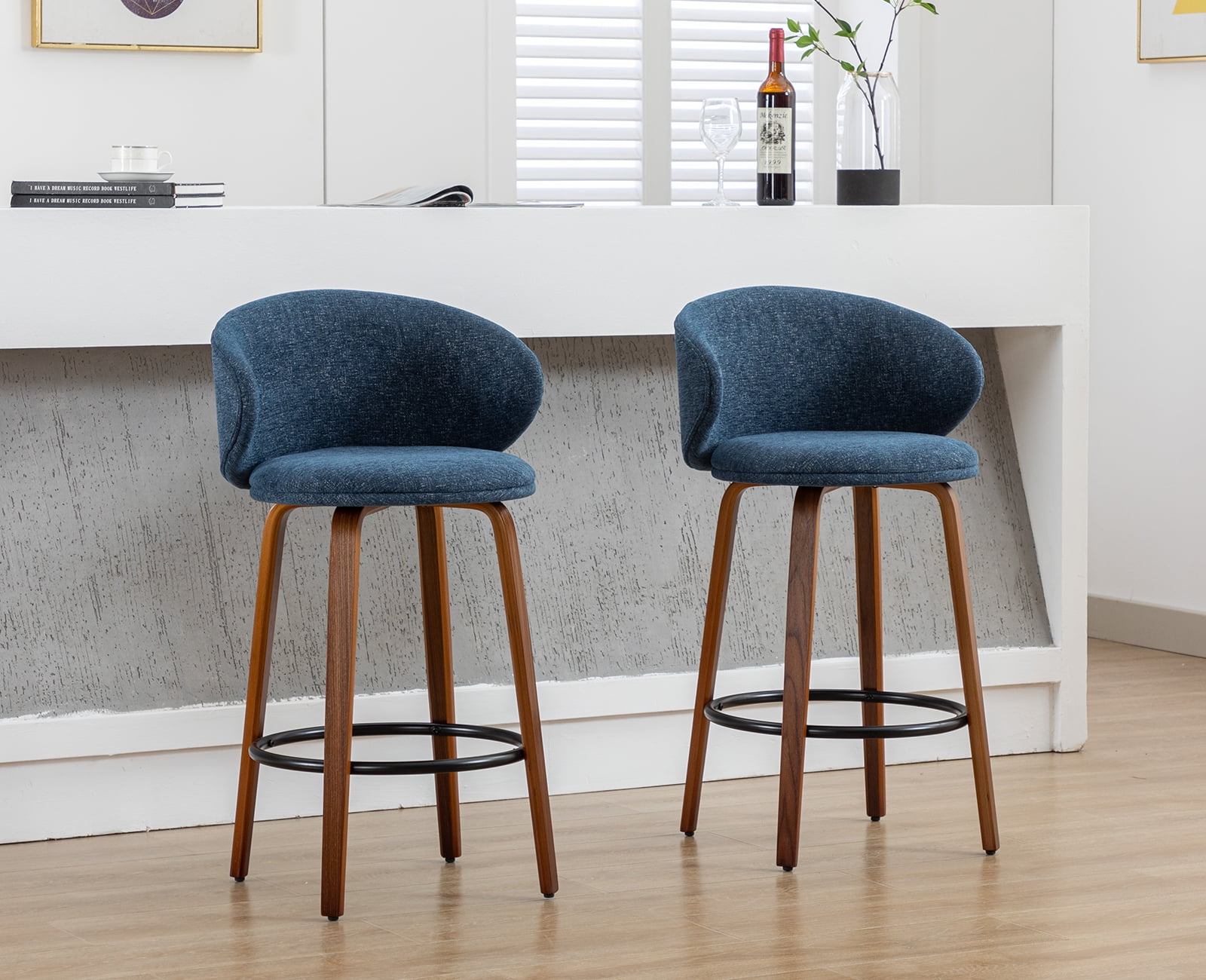 Dayalane Modern Bar Stool Set of 2, 26" Counter Height Bar Stool with Barrel Back, Linen ...