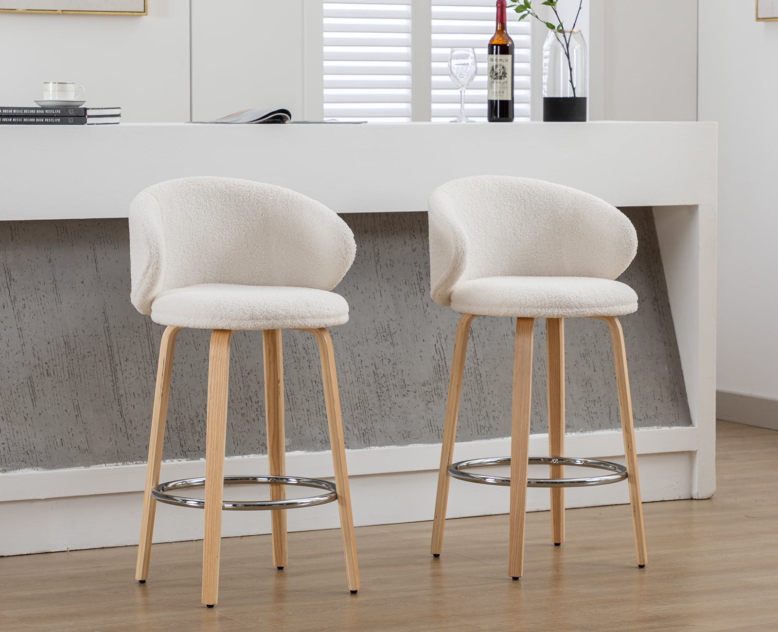Dayalane Modern Bar Stool Set of 2 26 Counter Height Bar Stool with Barrel Back Sherpa Upholstered Kitchen Island Chair with Wood Frame and