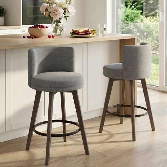 Dayalane Modern Bar Stools Set of 2, 26" Swivel Counter Height Bar Stools with Barrel Back, Linen Upholstered Barstools with Wood Legs for Kitchen Island, Dining Room, Home Bar，Grey
