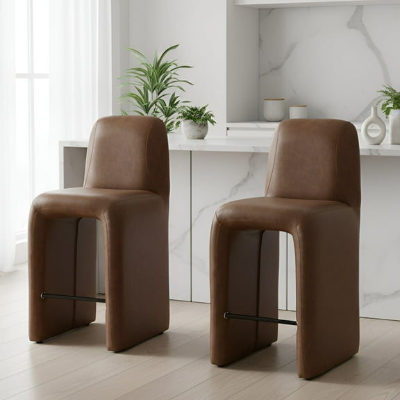 Dayalane Modern Bar Stools Set of 2, 26" Upholstered Leather Counter Height Stools with Back Support, Armless Kitchen Island Chair Side Stool with Footrest, No Assembly Required, Brown