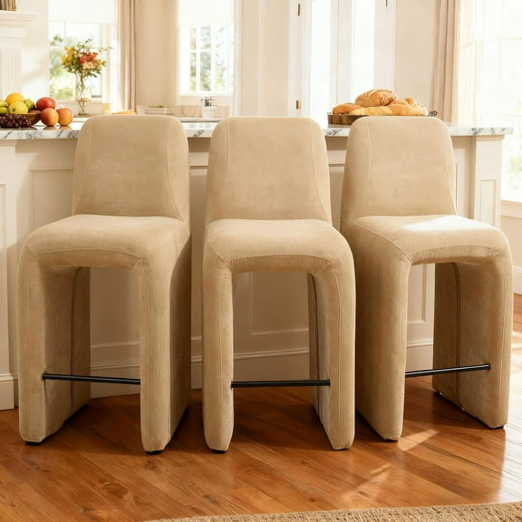 Dayalane Modern Bar Stools Set of 3, 26" Upholstered Chenille Counter Height Stools with Back Support, Armless Kitchen Island Chair Side Stool with Footrest, No Assembly Required, Khaki