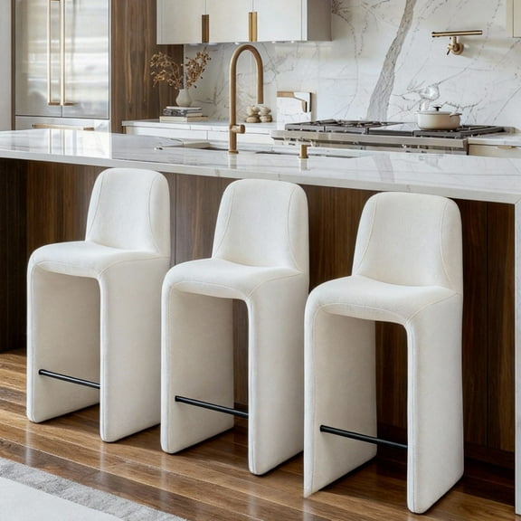 Dayalane Modern Bar Stools Set of 3, 26" Upholstered Chenille Counter Height Stools with Back Support, Armless Kitchen Island Chair Side Stool with Footrest, No Assembly Required, White