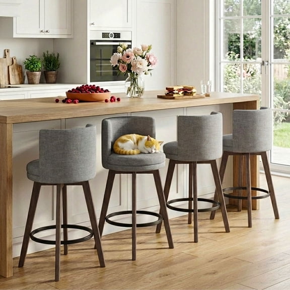 Dayalane Modern Bar Stools Set of 4, 26" Swivel Counter Height Bar Stools with Barrel Back, Linen Upholstered Barstools with Wood Legs for Kitchen Island, Dining Room, Home Bar，Grey