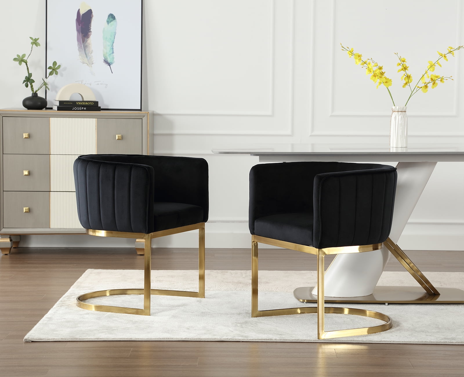 Black Velvet Upholstered Side Chair with Gold Metal Frame