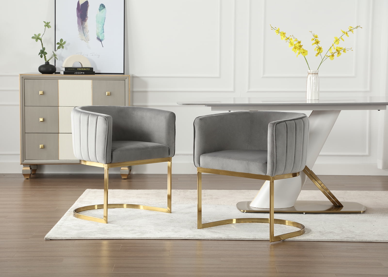 Dayalane Modern Barrel Dining Chairs Set of 2, Velvet Upholstered Kitchen snd Dining Room Side Chairs, Comfy Armchair with Metal Frame for Dining Room Living Room Bedroom Cafe, Grey