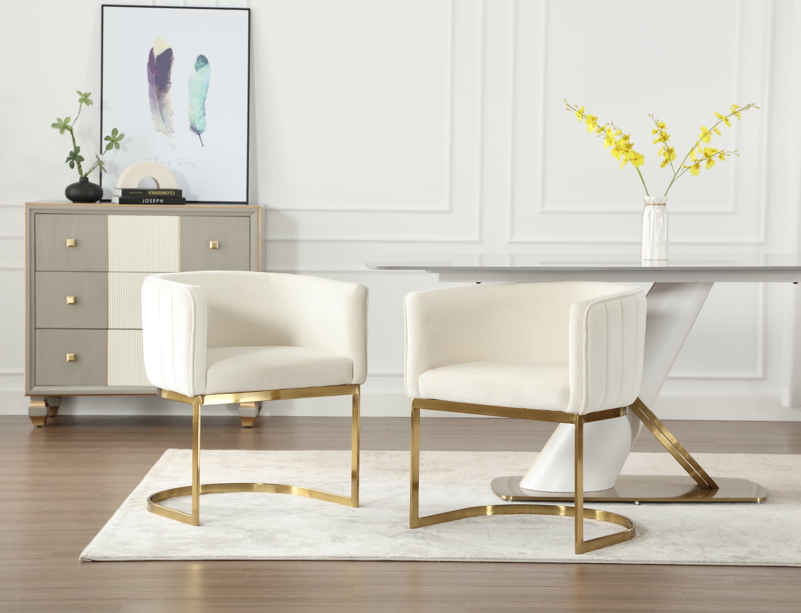 White Velvet Upholstered Side Chair with Gold Metal Frame