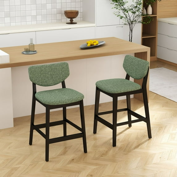 Dayalane Modern Barstools Set of 2, 26" Farmhouse Upholstered Counter Height Bar Stools with Wooden Legs, Bar Chairs with Back Support for Kitchen Island, Powell Stools, Dining Room, Chenille Green