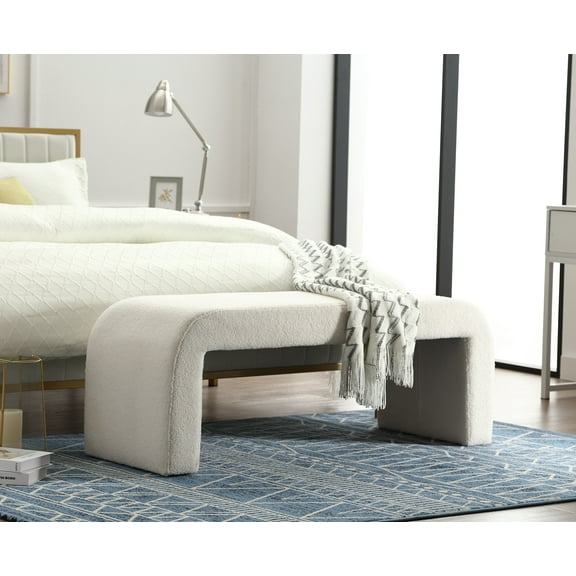 Dayalane Modern Bench, Fuzzy Upholstered End of Bed Bench 49" Entryway Bench Window Bench Seat, Comfy Sherpa Ottoman Waterfall Bench for Bedroom Entryway Living Room Hallway, White