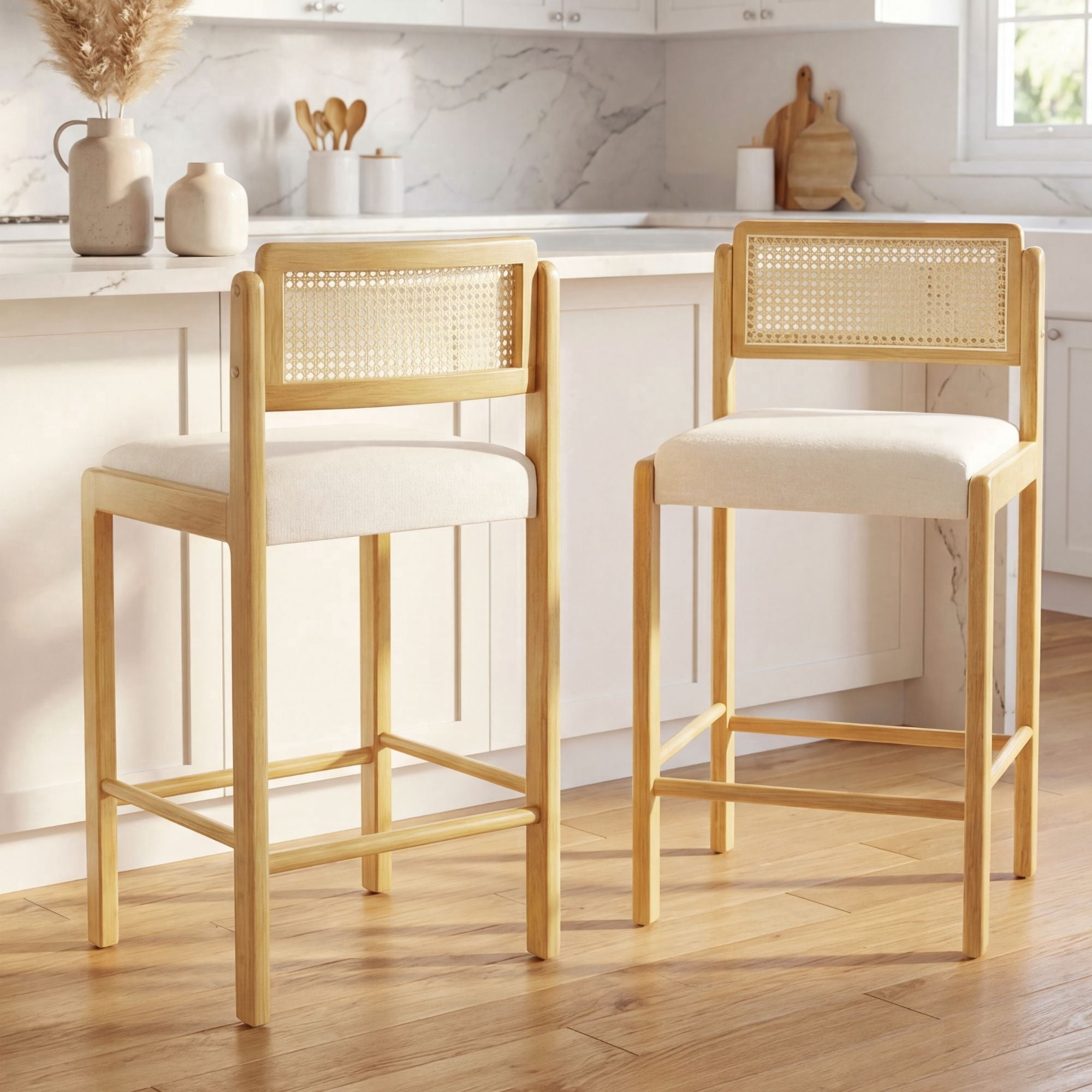 Dayalane Modern Coastal Rattan Counter Height Bar Stools Set of 2, Upholstered Kitchen Island Stools with Cane Back, Bar Chairs for Dining Rooms with Solid Wood Frame, Beige