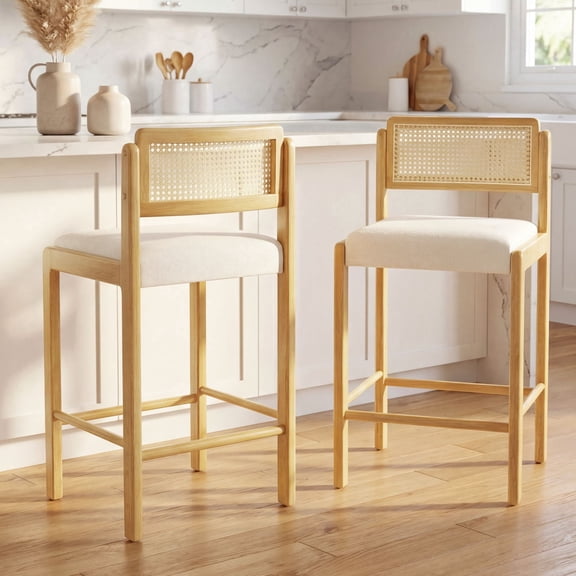 Dayalane Modern Coastal Rattan Counter Height Bar Stools Set of 2, Upholstered Kitchen Island Stools with Cane Back, Bar Chairs for Dining Rooms with Solid Wood Frame, Beige