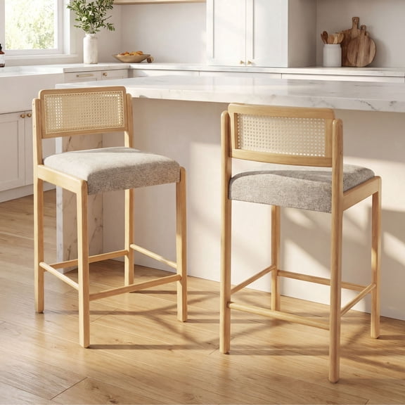 Dayalane Modern Coastal Rattan Counter Height Bar Stools Set of 2, Upholstered Kitchen Island Stools with Cane Back, Bar Chairs for Dining Rooms with Solid Wood Frame, Gray
