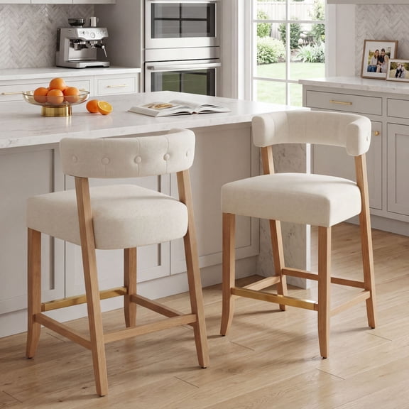 Dayalane Modern Counter Height Bar Stools Set of 2, 27" H Barrel Back Chenille Upholstered Counter Stools with Wood Legs, Barstools for Kitchen Island, Dining Room Bar, Beige