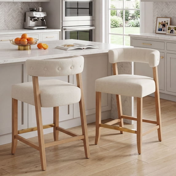 Dayalane Modern Counter Height Bar Stools Set of 2, 27" H Barrel Back Chenille Upholstered Counter Stools with Wood Legs, Barstools for Kitchen Island, Dining Room Bar, Beige