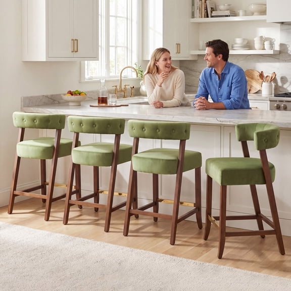 Dayalane Modern Counter Height Bar Stools Set of 4, 27" H Barrel Back Velvet Upholstered Counter Stools with Wood Legs, Barstools for Kitchen Island, Dining Room Bar, Green