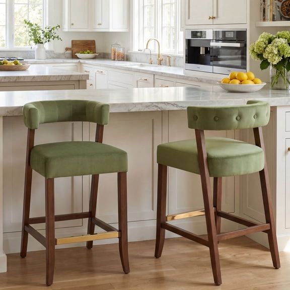 Dayalane Modern Counter Height Bar Stools Set of 2, 27" H Barrel Back Velvet Upholstered Counter Stools with Wood Legs, Barstools for Kitchen Island, Dining Room Bar, Green