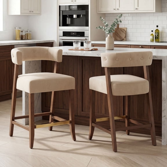 Dayalane Modern Counter Height Bar Stools Set of 2, 27" H Barrel Back Velvet Upholstered Counter Stools with Wood Legs, Barstools for Kitchen Island, Dining Room Bar, Khaki