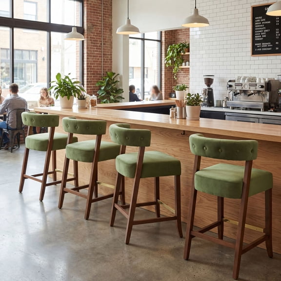 Dayalane Modern Counter Height Bar Stools Set of 2, 27" H Barrel Back Velvet Upholstered Counter Stools with Wood Legs, Barstools for Kitchen Island, Dining Room Bar, Green
