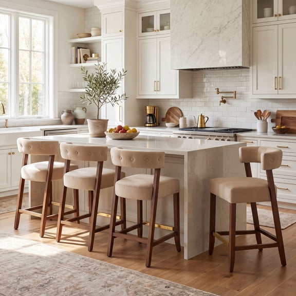 Dayalane Modern Counter Height Bar Stools Set of 4, 27" H Barrel Back Velvet Upholstered Counter Stools with Wood Legs, Barstools for Kitchen Island, Dining Room Bar, Khaki