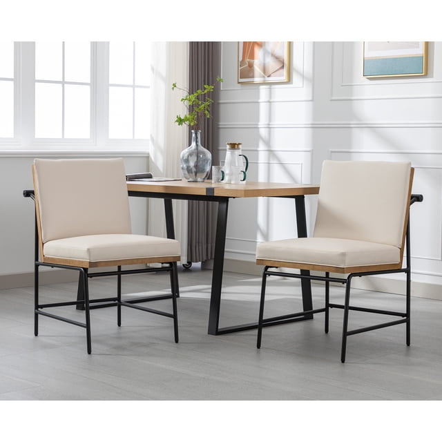 Dayalane Modern Dining Chair Set of 2, PU Leather Upholstered Side Chairs with Metal Legs, Beige ...