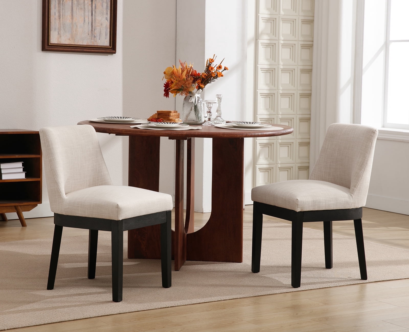 Dayalane Modern Dining Chairs Set of 2, Linen Upholstered Farmhouse Kitchen Chairs with Curved Backrest, Wooden Side Chairs for Dining Room Living Room Bedroom, Beige