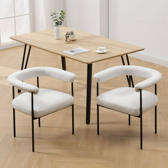 Dayalane Modern Dining Chairs Set of 2, Upholstered Sherpa Side Chairs with Barrel Backrest and Black Metal Legs, Accent Kitchen Chairs for Dining Room Living Room, White