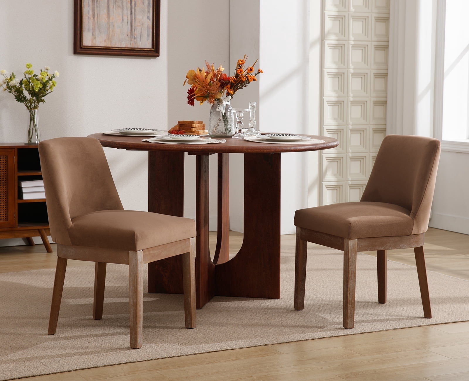 Dayalane Modern Dining Chairs Set of 2, Velvet Upholstered Farmhouse Kitchen Chairs with Curved Backrest, Wooden Side Chairs for Dining Room Living Room Bedroom, Khaki