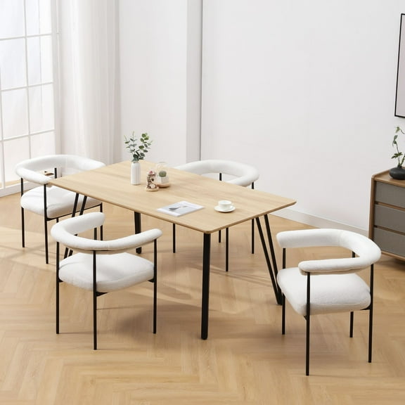 Dayalane Modern Dining Chairs Set of 4, Upholstered Sherpa Side Chairs with Barrel Backrest and Black Metal Legs, Accent Kitchen Chairs for Dining Room Living Room, White